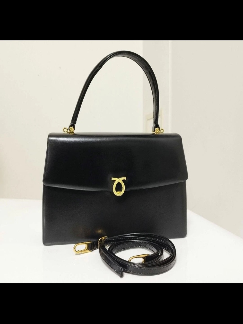 Launer London Black Structured Top-Handle Satchel with Gold Accent